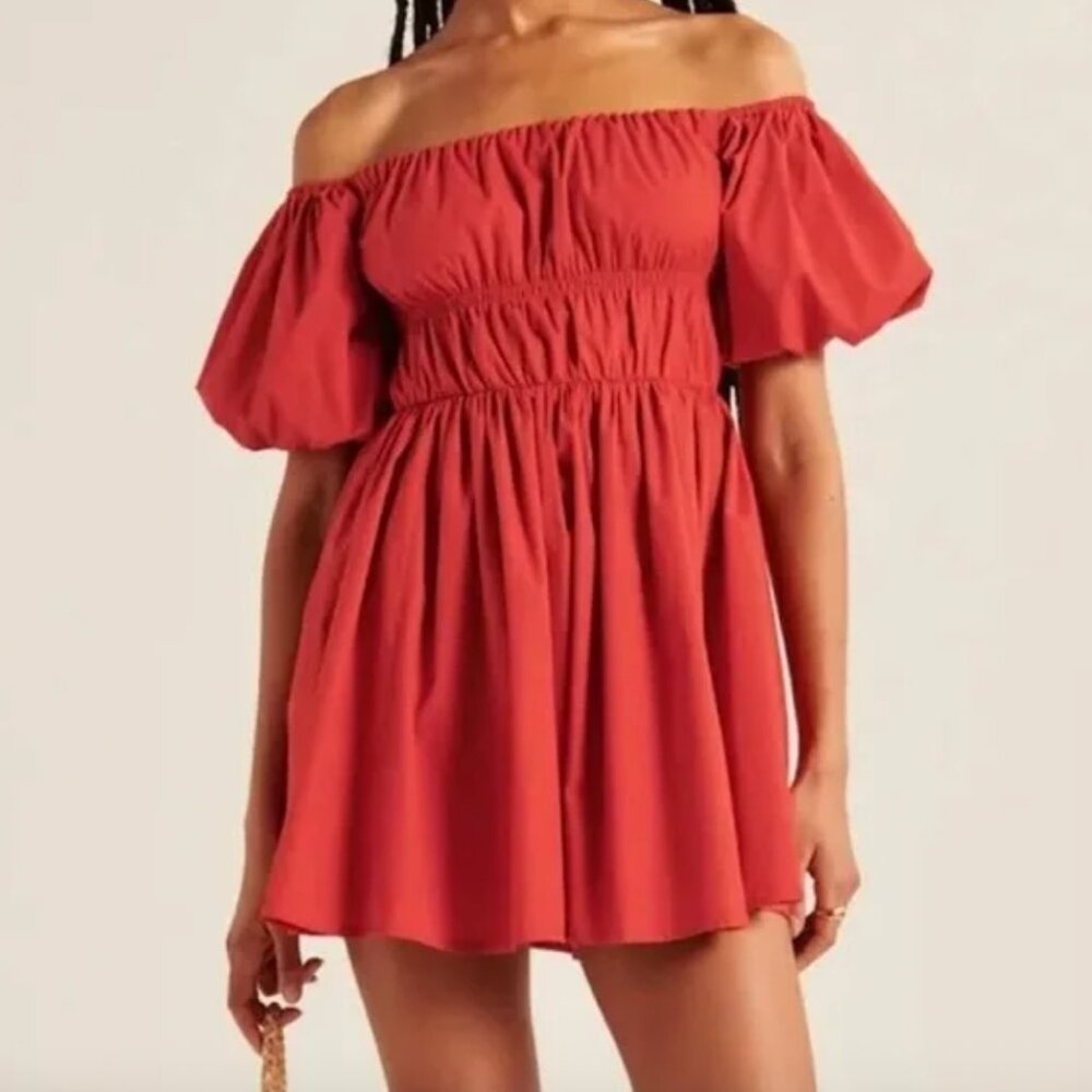 Abercrombie Women's Off-The-Shoulder Puff Sleeve Mini Dress in Red, Size Large
